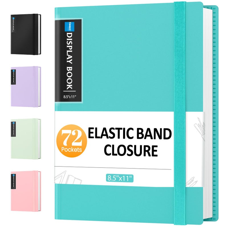 سويز حافظة Sooez تحتوي على 72 جيبًا بأكمام بلاستيكية وشريط مطاطي، سعة كبيرة 8.5x11 عرض كتاب العرض 144 صفحة، مجلد مستندات محفظة فنية مع واقيات أوراق شفافة للمدرسة المكتبية - Image 1